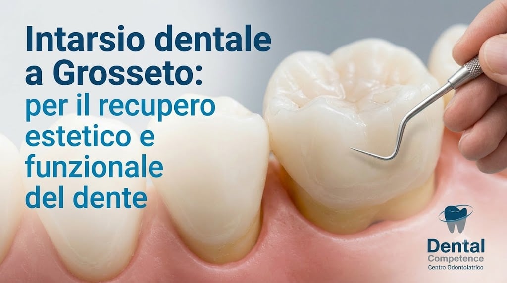 Strumento Odontoiatrico Su Un Intarsio Dentale Con Testo Informativo Sul Recupero Estetico E Funzionale Del Dente